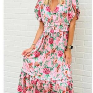 eesome Women's Out to Tea Midi Dress Pink Floral V Neck Size Large